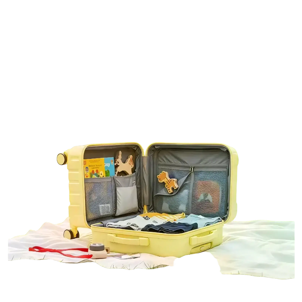 A pale yellow hard-shell kids ride on luggage carry on suitcase open to show organized compartments with clothing and toys