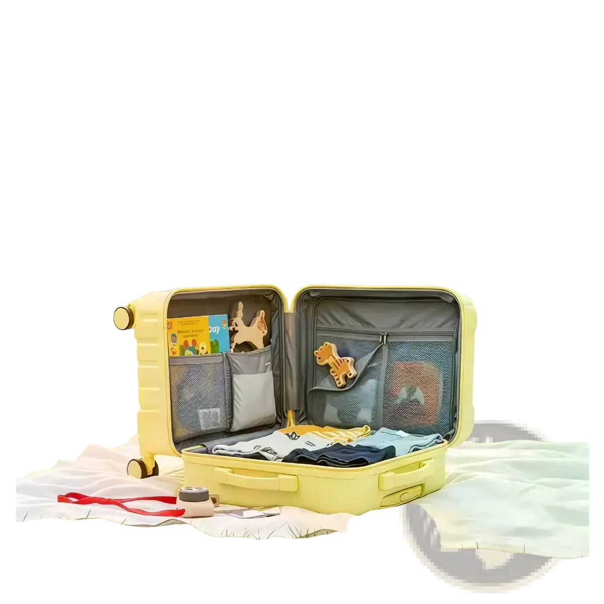 A pale yellow hard-shell kids ride on luggage carry on suitcase open to show organized compartments with clothing and toys