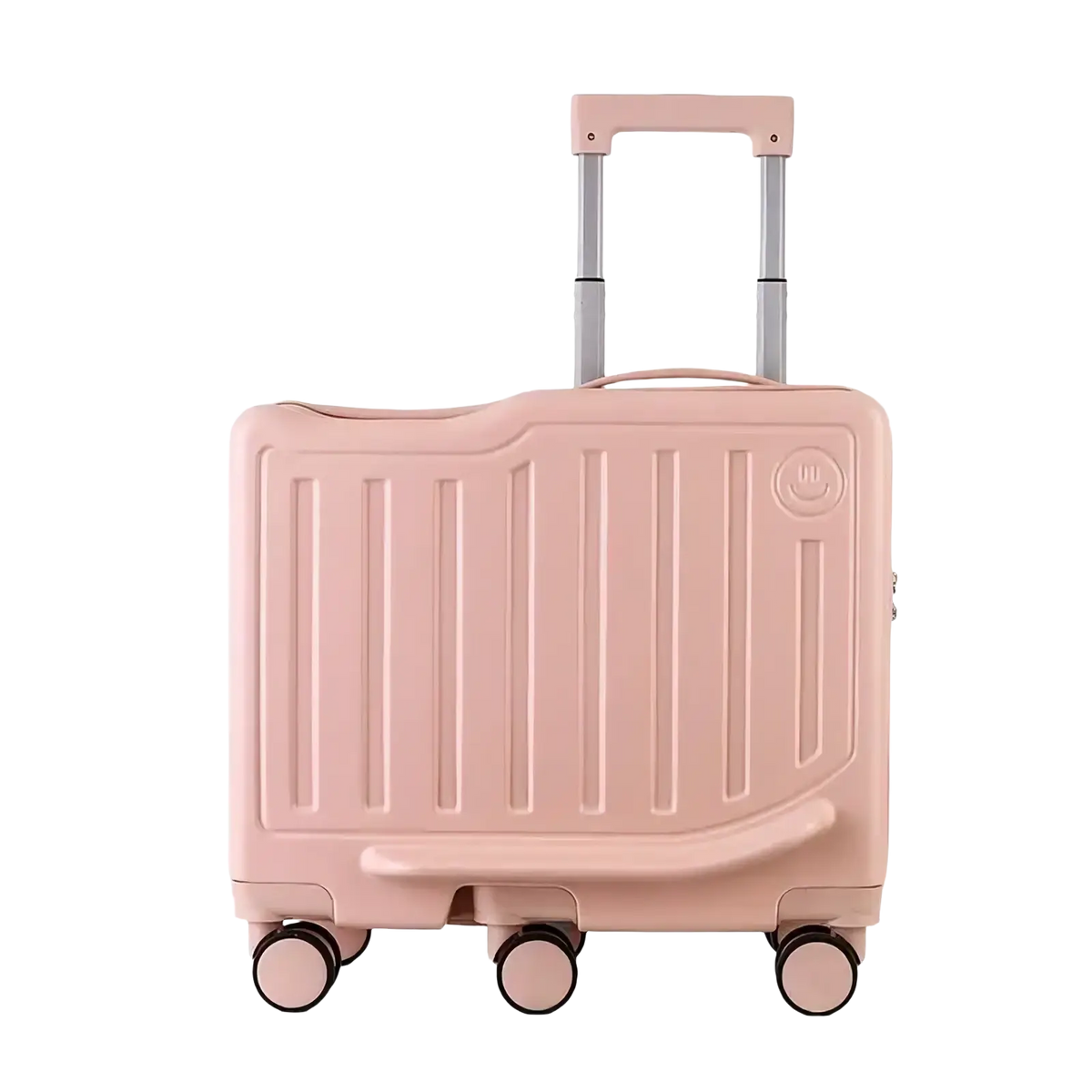 Peach blush pink kids ride on luggage carry on suitcase with vertical ribbed texture and silver telescoping handle