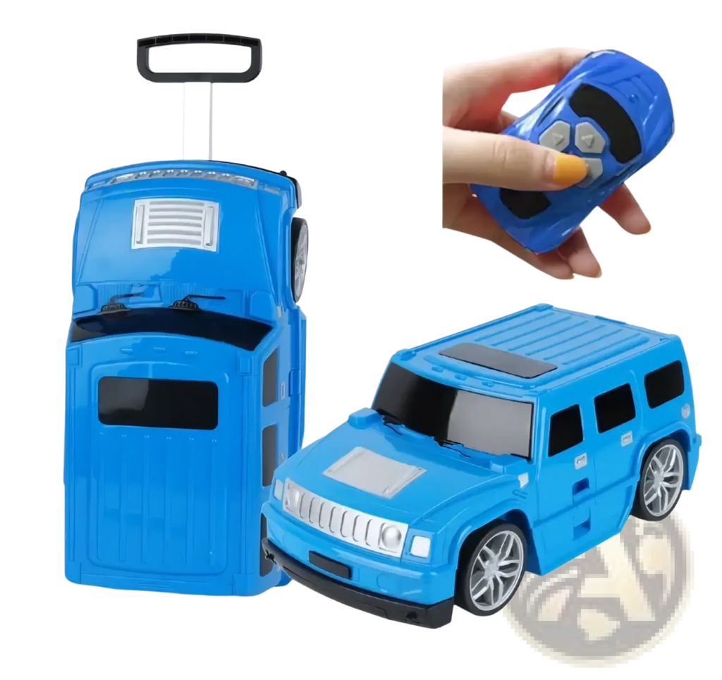 Blue kids ride on remote control luggage suitcase shaped like a car with black accents and silver wheels