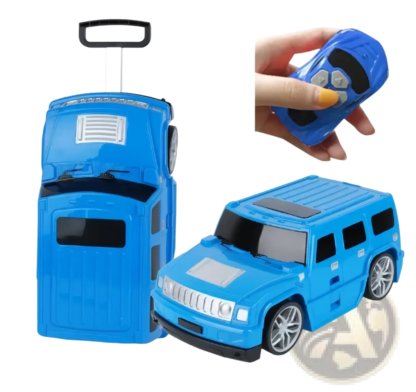 Blue kids ride on remote control luggage suitcase shaped like a car with black accents and silver wheels