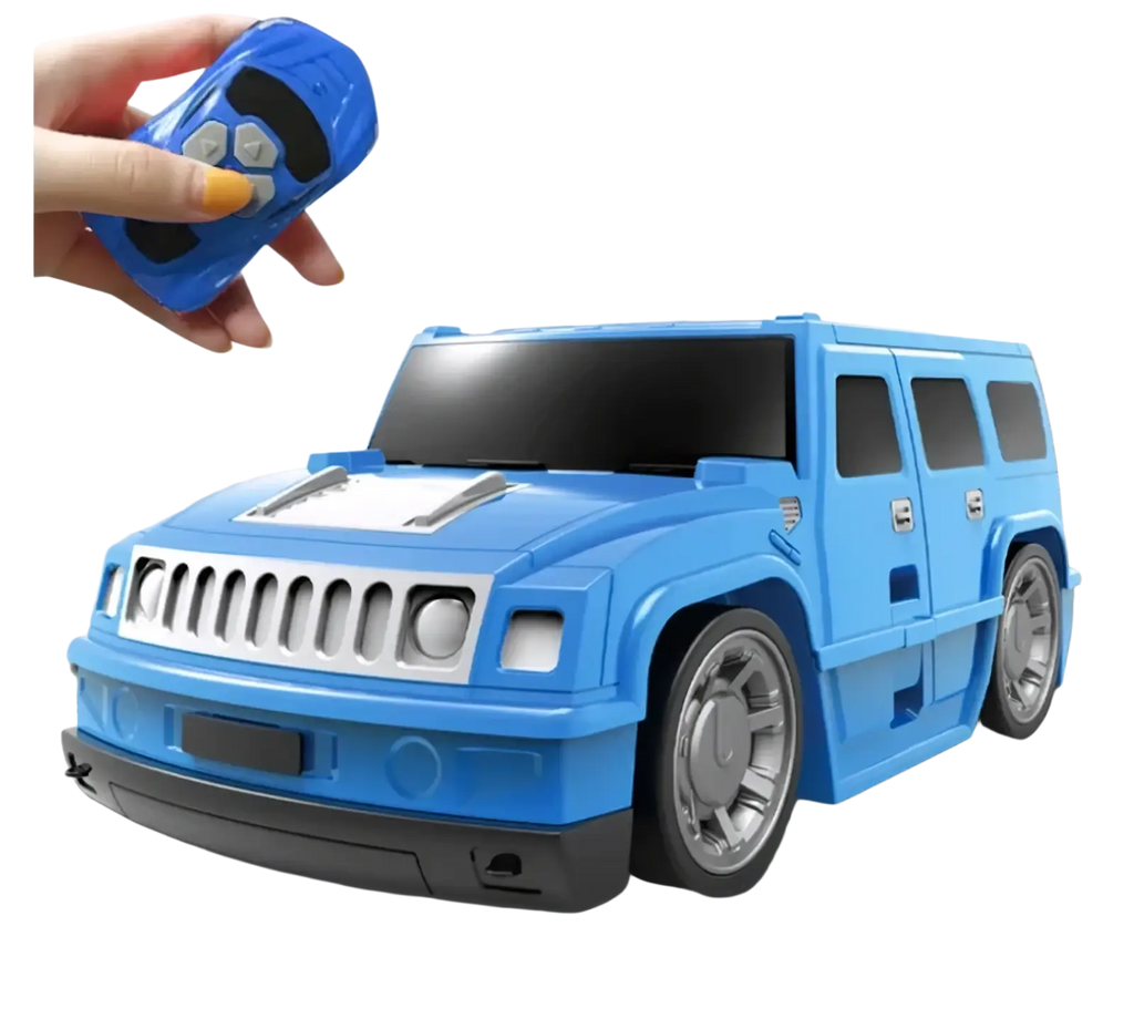 Blue remote control hummer toy car with silver accents and black tires for kids ride on luggage suitcase
