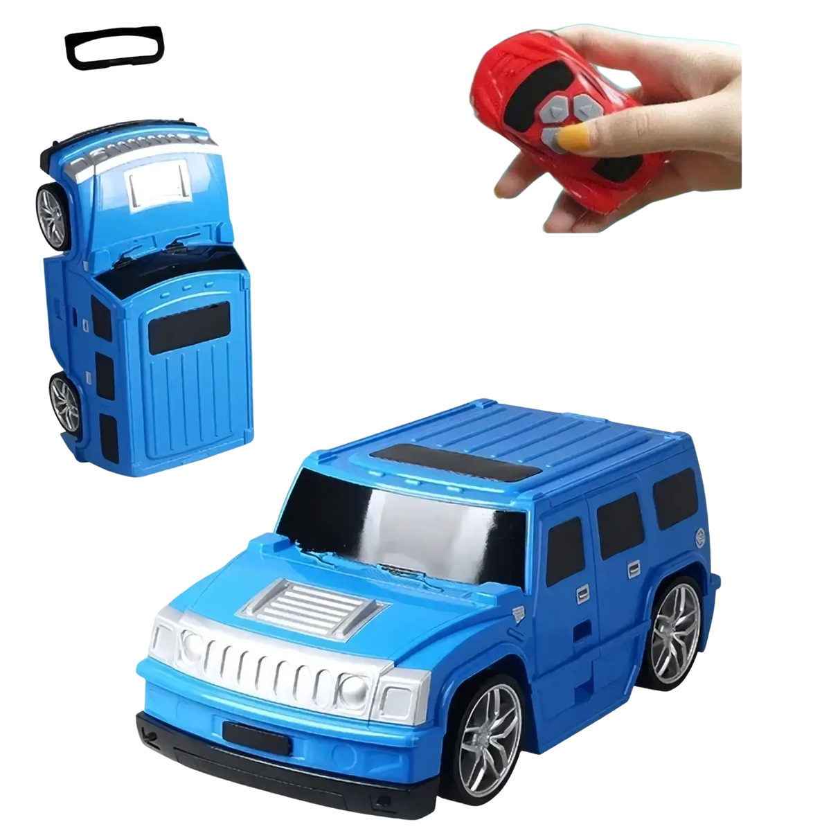 Blue kids ride on remote control hummer-style suitcase with silver accents and black wheels for travel use
