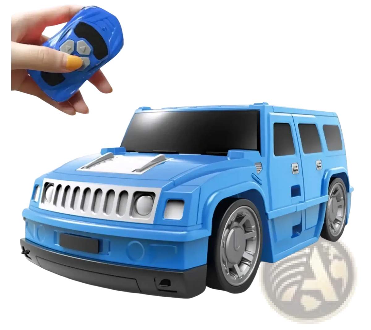 Blue remote control hummer toy car with silver accents and black tires for kids ride on luggage suitcase