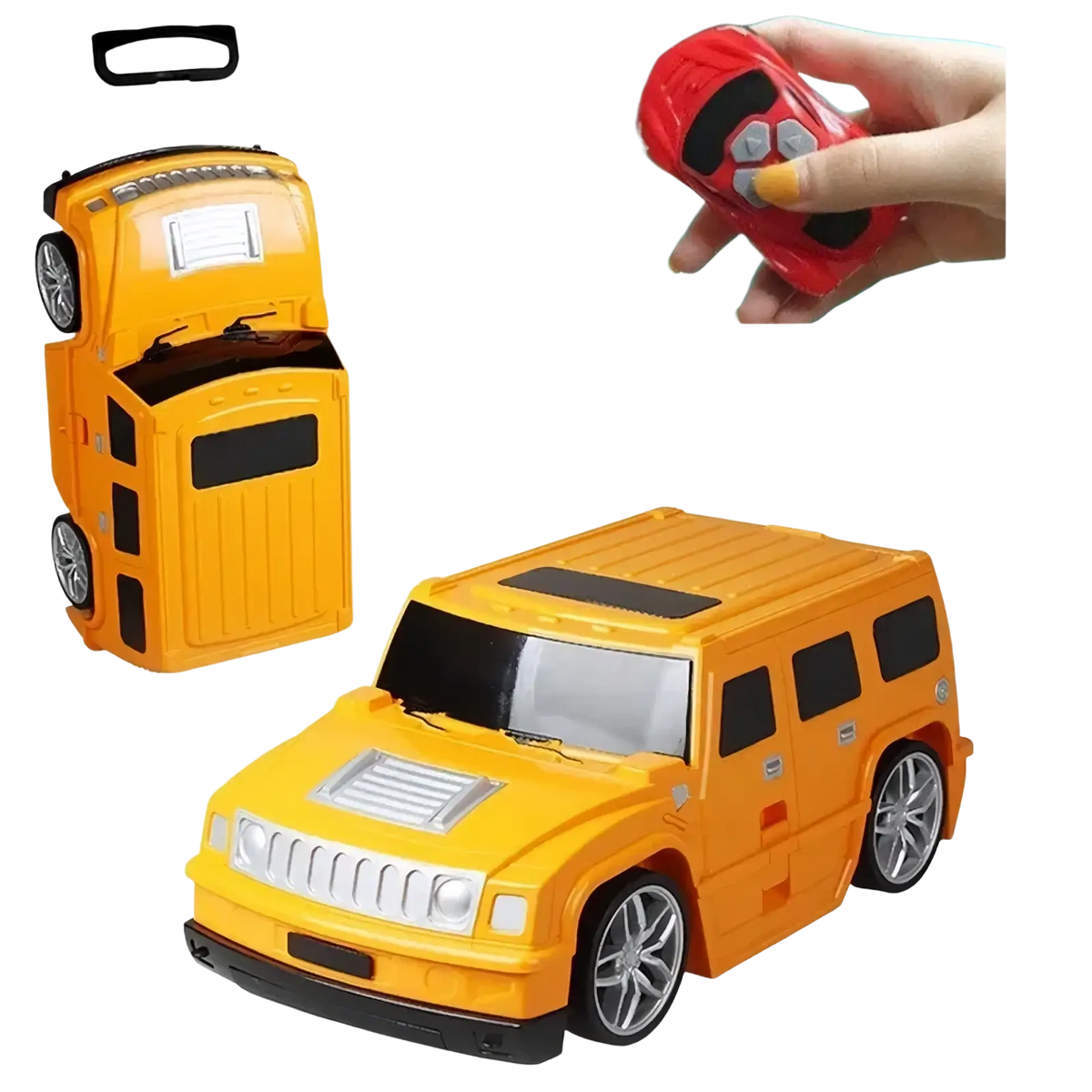 Bright yellow kids ride on remote control hummer suitcase with retractable handle and wheels for travel use