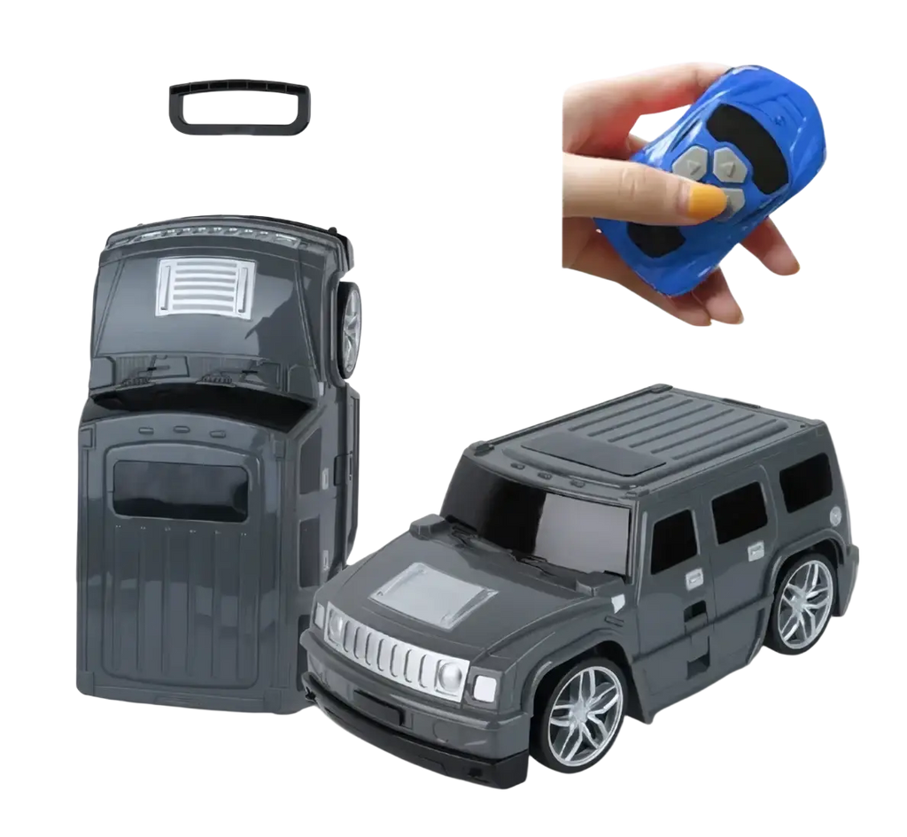 Gray remote-controlled hummer kids ride on luggage suitcase with black handle silver wheels and matching blue remote control