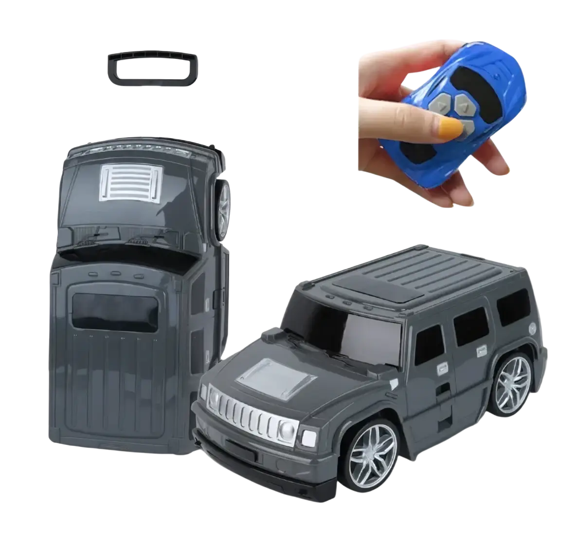 Gray remote-controlled hummer kids ride on luggage suitcase with black handle silver wheels and matching blue remote control