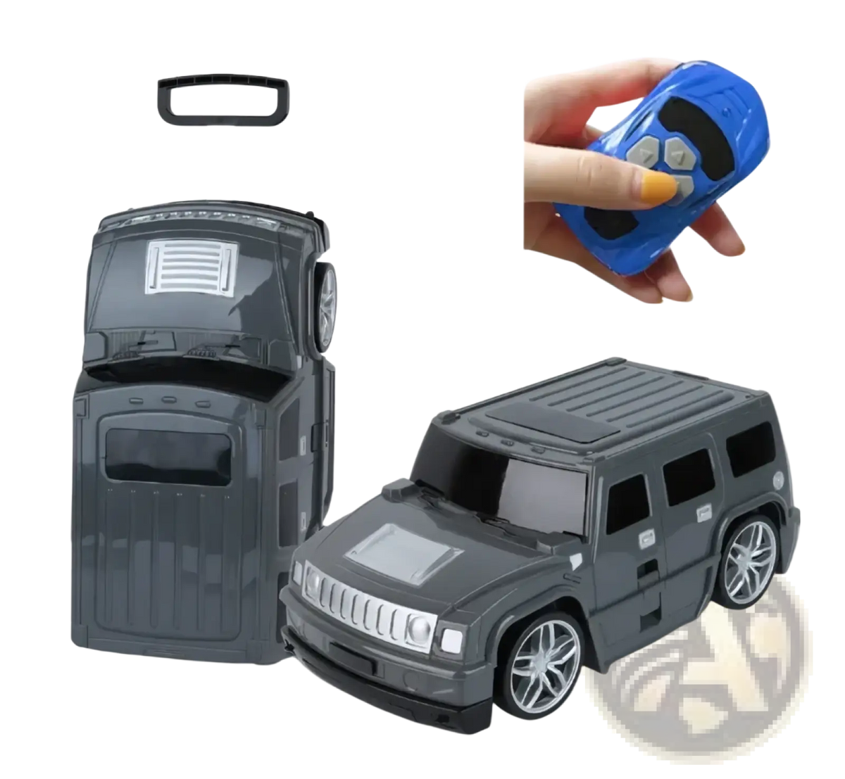 Gray remote-controlled hummer kids ride on luggage suitcase with black handle silver wheels and matching blue remote control