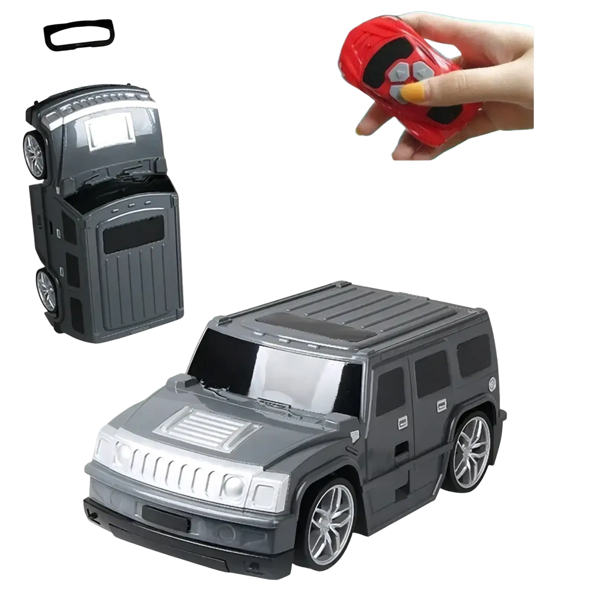 Gray hummer-style kids ride on remote control luggage suitcase with silver accents and retractable handle resembling suv