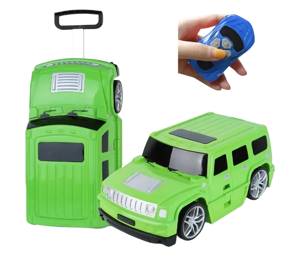 Green kids ride on remote control hummer suitcase with silver wheels and black accents for easy travel