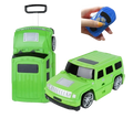 Green kids ride on remote control hummer suitcase with silver wheels and black accents for easy travel