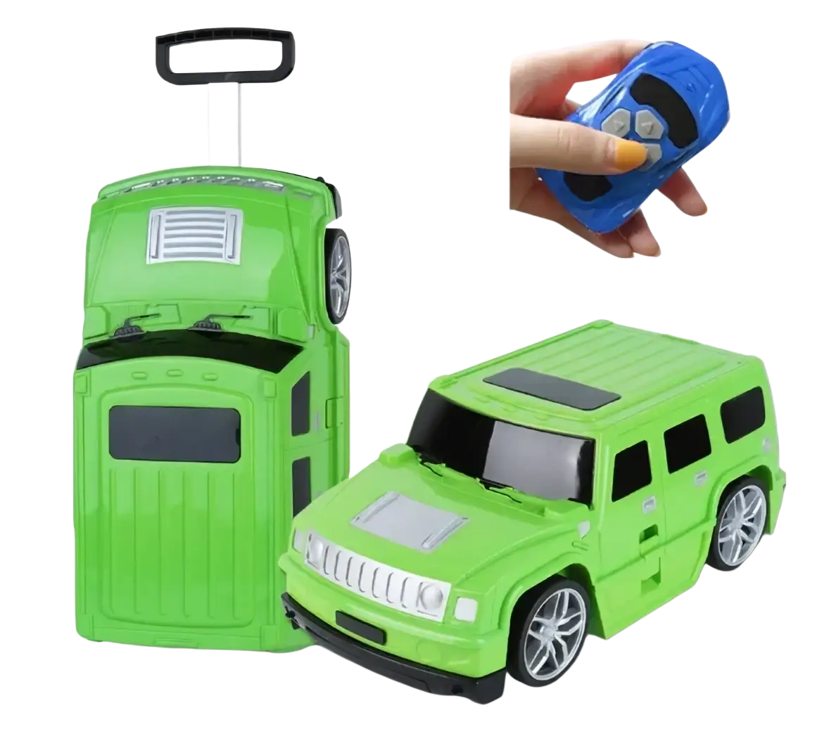 Green kids ride on remote control hummer suitcase with silver wheels and black accents for easy travel
