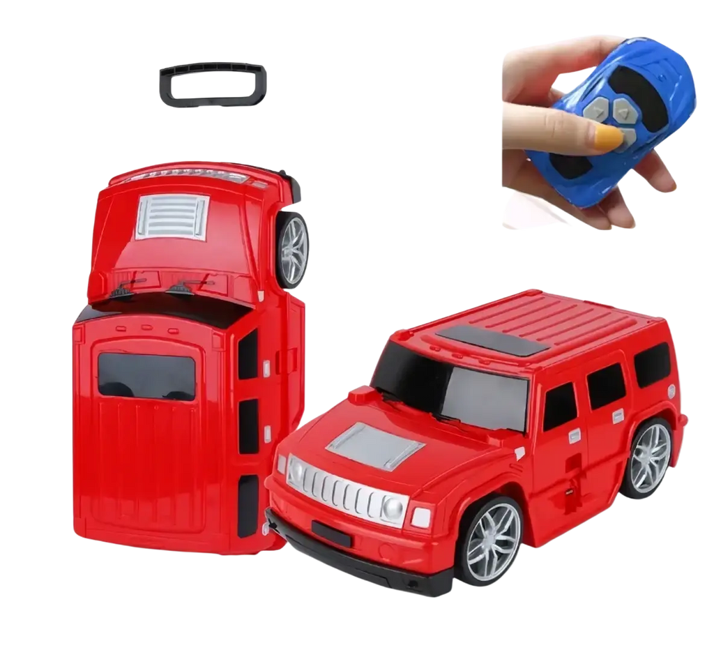 Red kids ride on remote control hummer suitcase with silver wheels and retractable handle for travel use