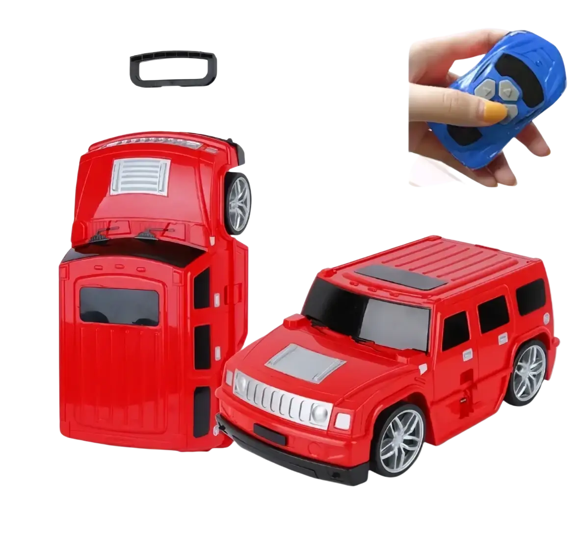 Red kids ride on remote control hummer suitcase with silver wheels and retractable handle for travel use