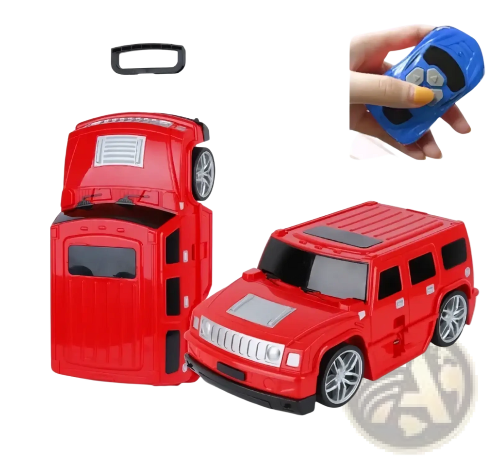 Red kids ride on remote control hummer suitcase with silver wheels and retractable handle for travel use