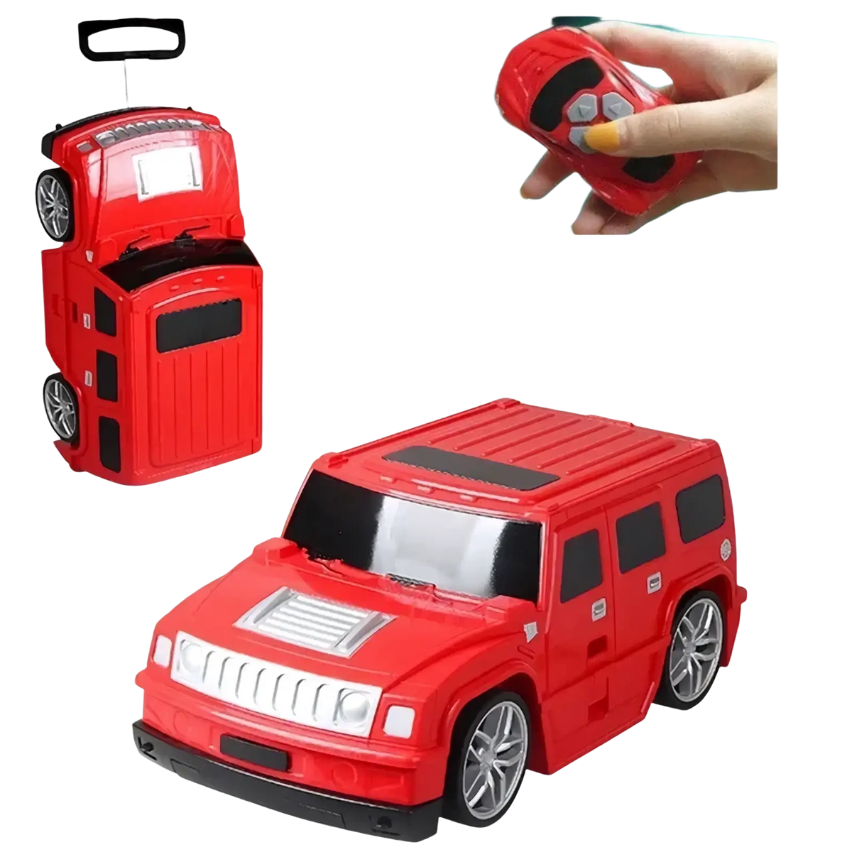 Red plastic hummer-shaped kids ride on remote control luggage suitcase with silver rims black accents and retractable handle