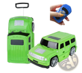 Green kids ride on remote control hummer suitcase with silver wheels and black accents for easy travel