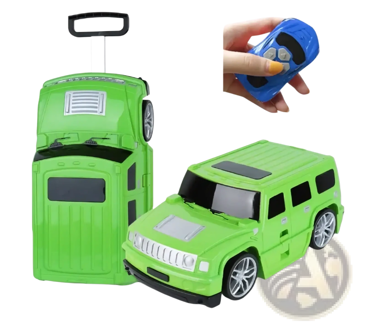 Green kids ride on remote control hummer suitcase with silver wheels and black accents for easy travel