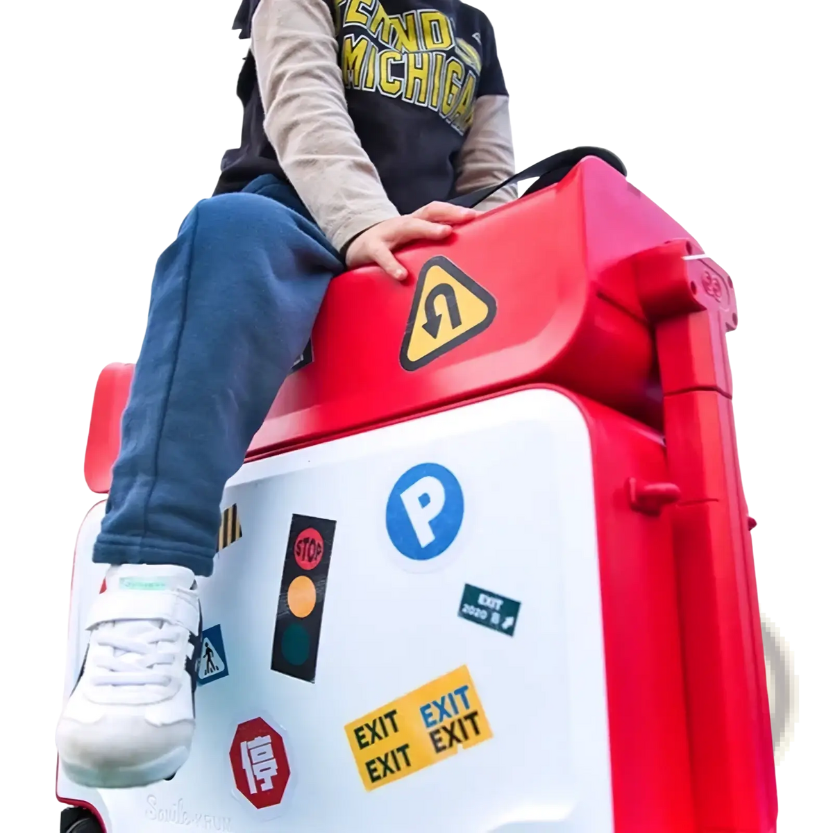 Red and white kids ride on rolling luggage carry on suitcase with traffic-themed stickers for children