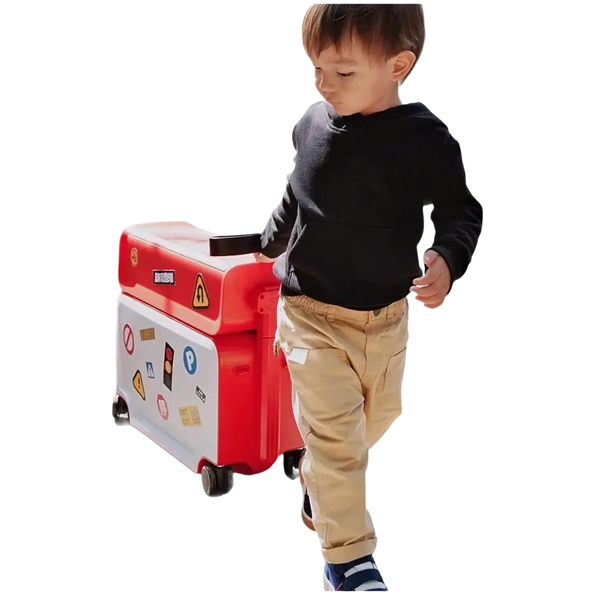 Red and white kids ride on rolling luggage carry on suitcase with colorful stickers for children’s travel use