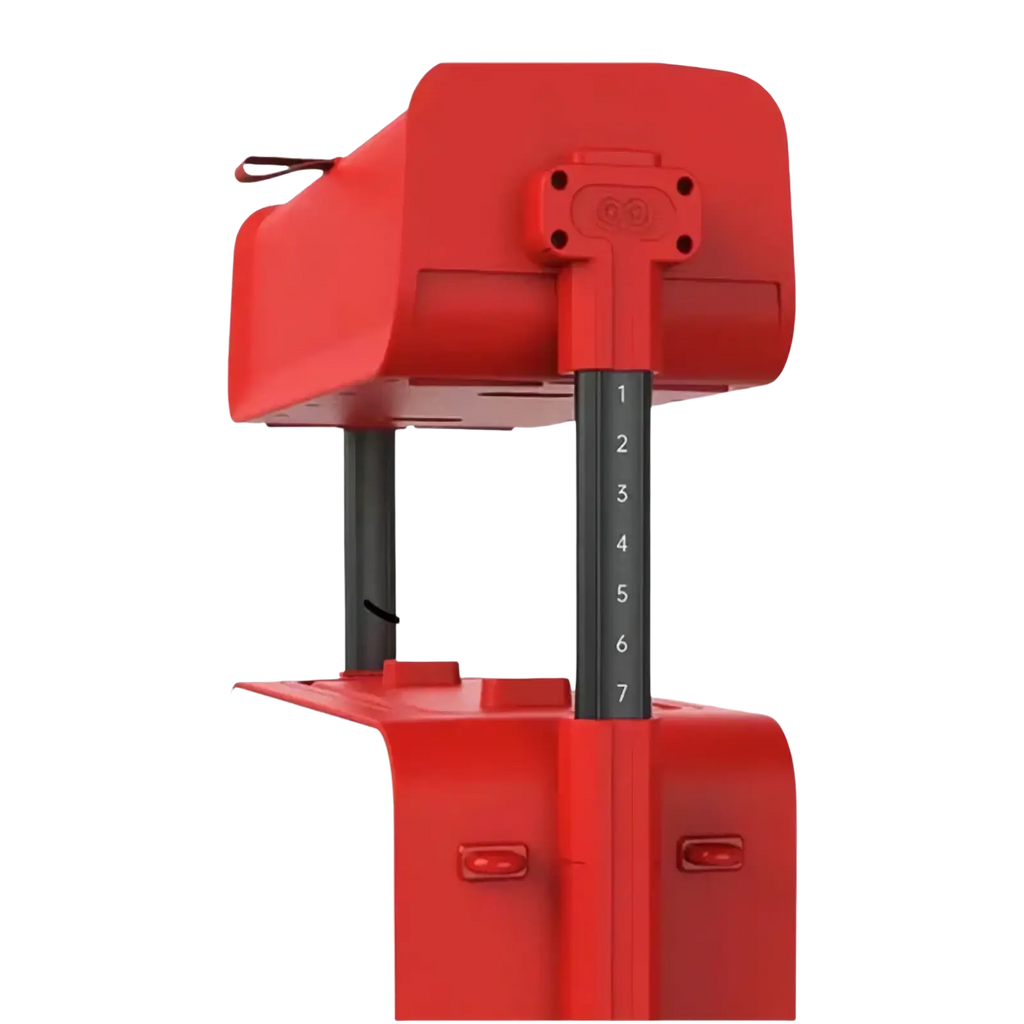 Red and white kids ride on rolling luggage carry on suitcase with black telescoping handle marked 1 through 7