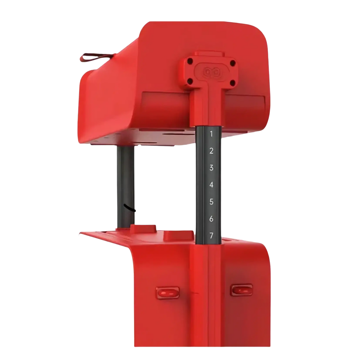Red and white kids ride on rolling luggage carry on suitcase with black telescoping handle marked 1 through 7