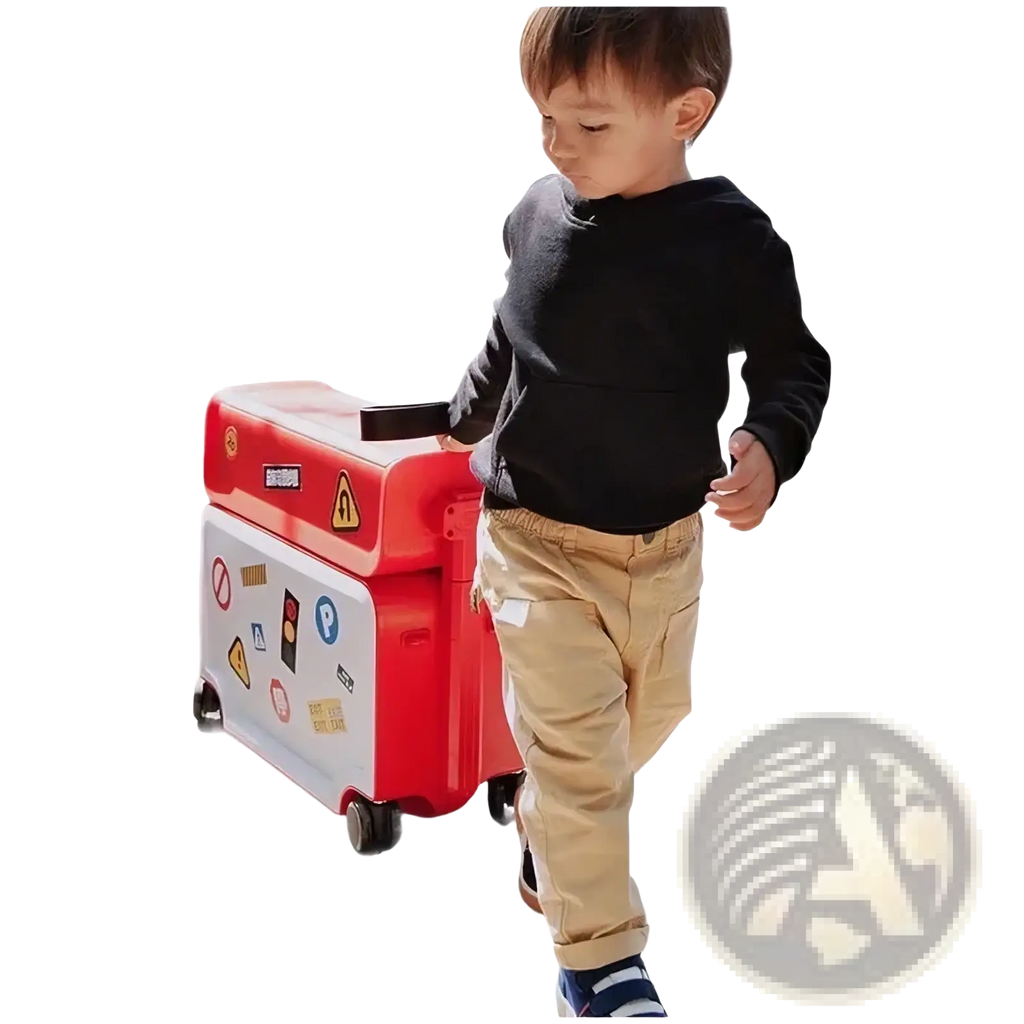 Red and white kids ride on rolling luggage carry on suitcase with colorful stickers for children’s travel use