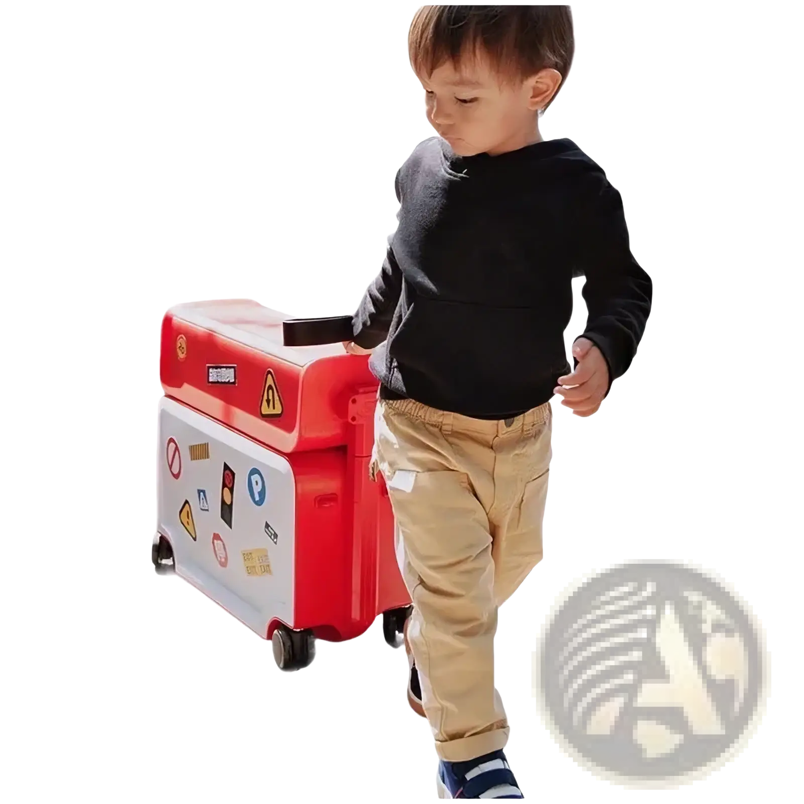 Red and white kids ride on rolling luggage carry on suitcase with colorful stickers for children’s travel use