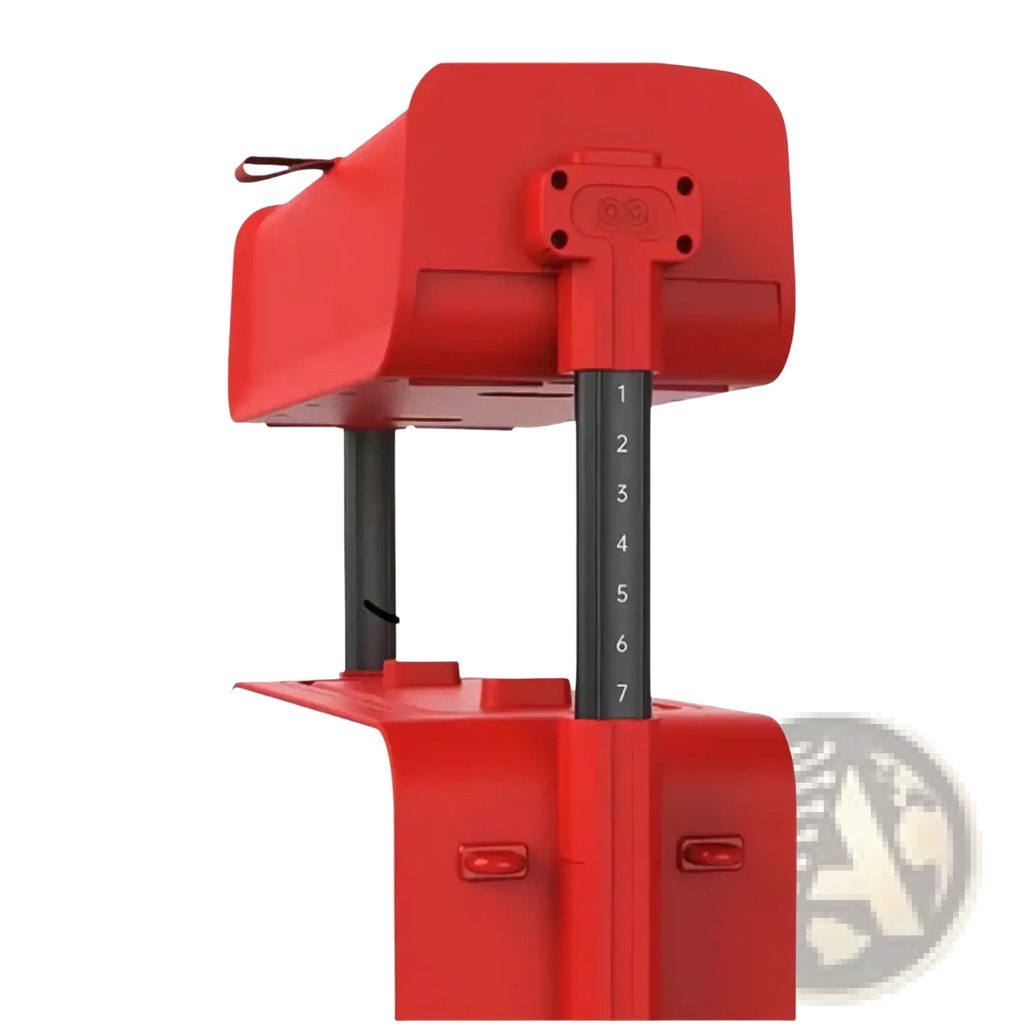 Red and white kids ride on rolling luggage carry on suitcase with black telescoping handle marked 1 through 7