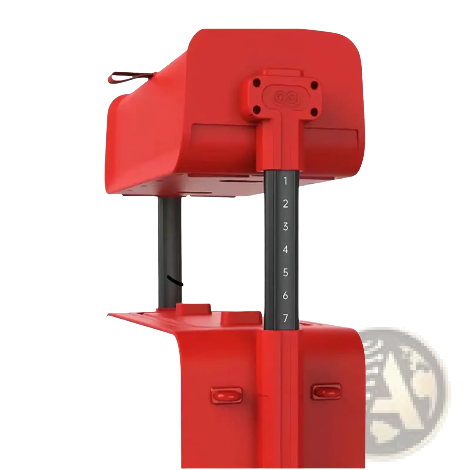 Red and white kids ride on rolling luggage carry on suitcase with black telescoping handle marked 1 through 7