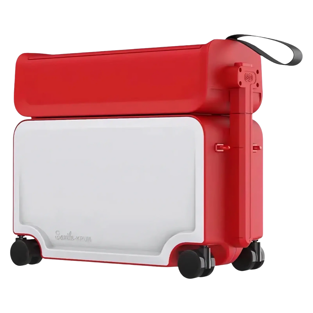 Red and white foldable kids ride on rolling luggage carry on suitcase with black wheels and handle in a sleek design
