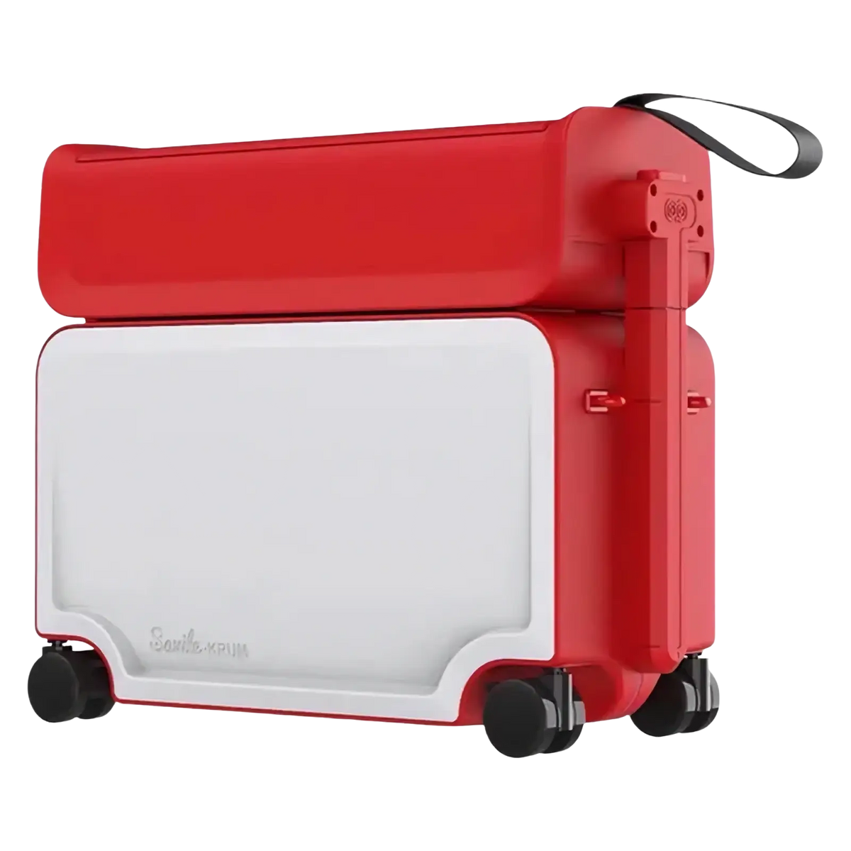 Red and white foldable kids ride on rolling luggage carry on suitcase with black wheels and handle in a sleek design