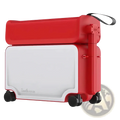 Red and white foldable kids ride on rolling luggage carry on suitcase with black wheels and handle in a sleek design