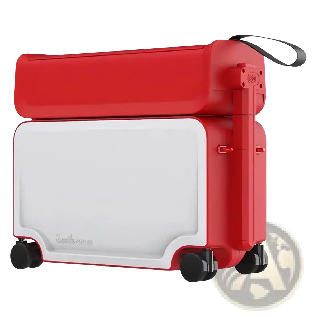 Red and white foldable kids ride on rolling luggage carry on suitcase with black wheels and handle in a sleek design