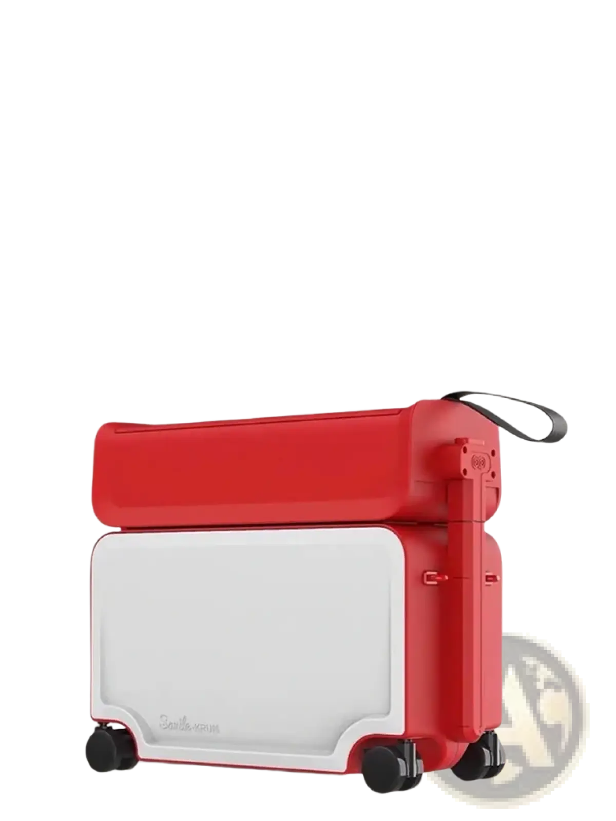 Kids ride on rolling luggage carry on suitcase in red and white with black wheels and retractable handle visible from back