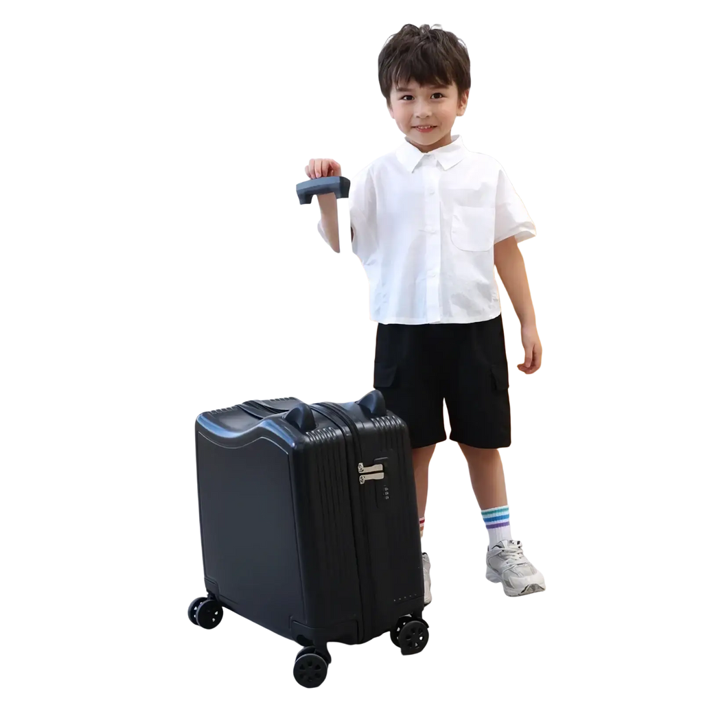 Black hard-shell kids ride-on spinner suitcase with four wheels and telescoping handle for travel trolley use