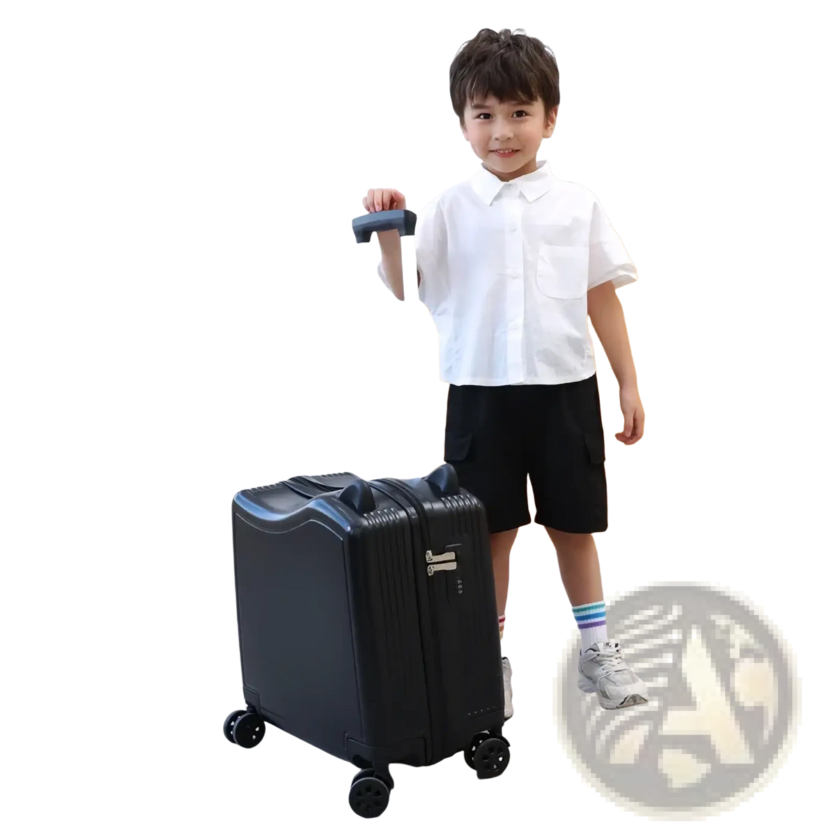 Black hard-shell kids ride-on spinner suitcase with four wheels and telescoping handle for travel trolley use