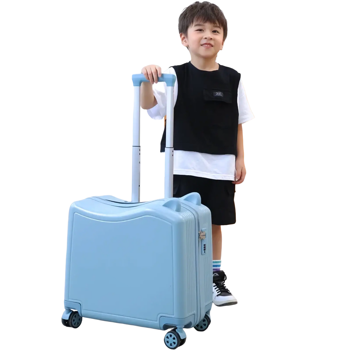 Light blue hard-shell kids ride-on spinner suitcase with playful cat-ear design and four spinner wheels for travel