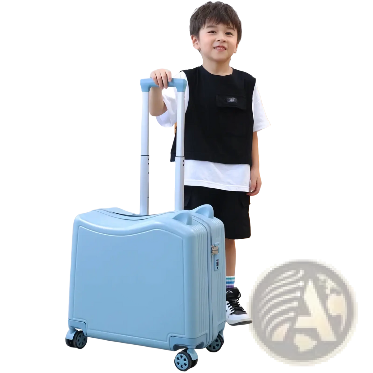 Kids ride-on spinner suitcase travel trolley bag made of hard-shell light blue material with playful cat-ear design and four wheels