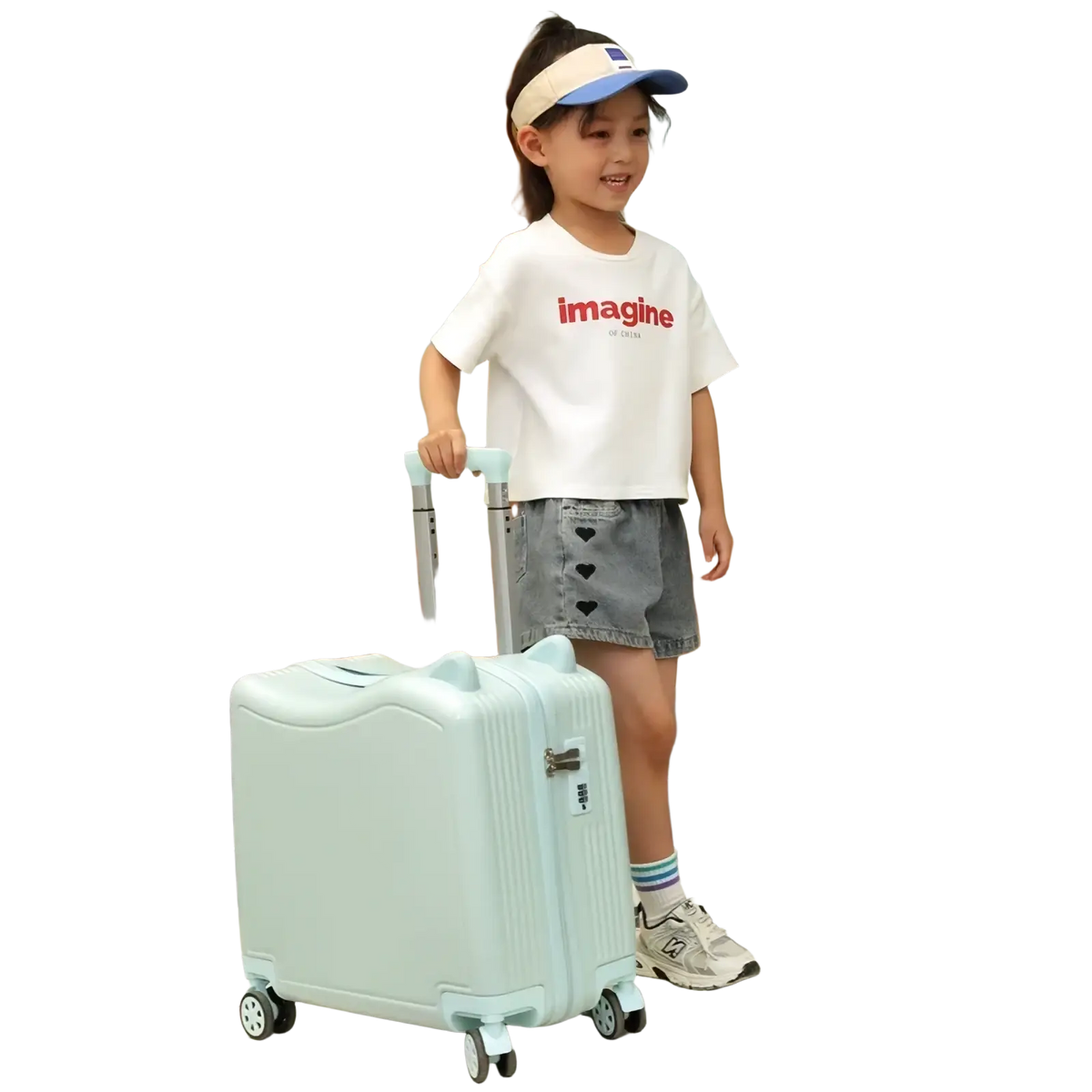 Mint green hard-shell kids ride-on spinner suitcase with retractable handle and four spinner wheels for travel