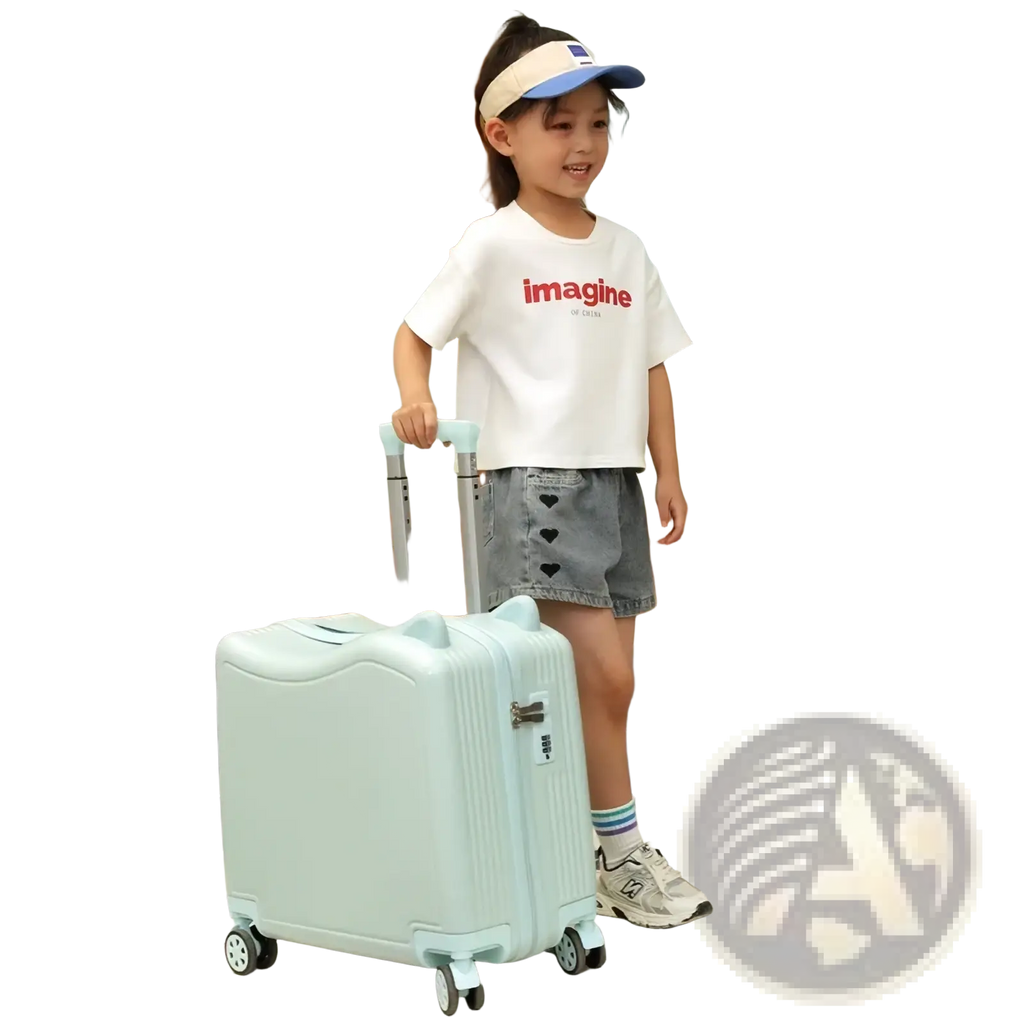 Mint green hard-shell kids ride-on spinner suitcase with retractable handle and four wheels for travel trolley use