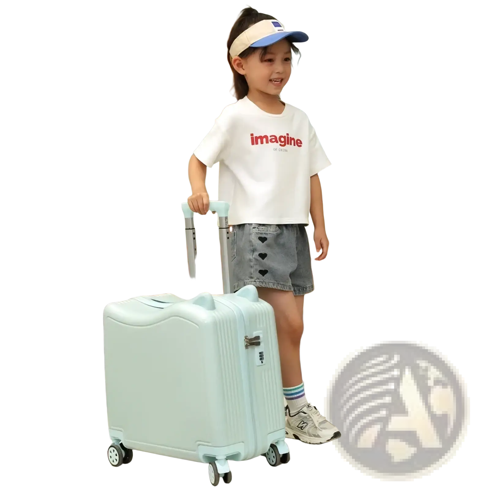 Mint green hard-shell kids ride-on spinner suitcase with retractable handle and four wheels for travel trolley use