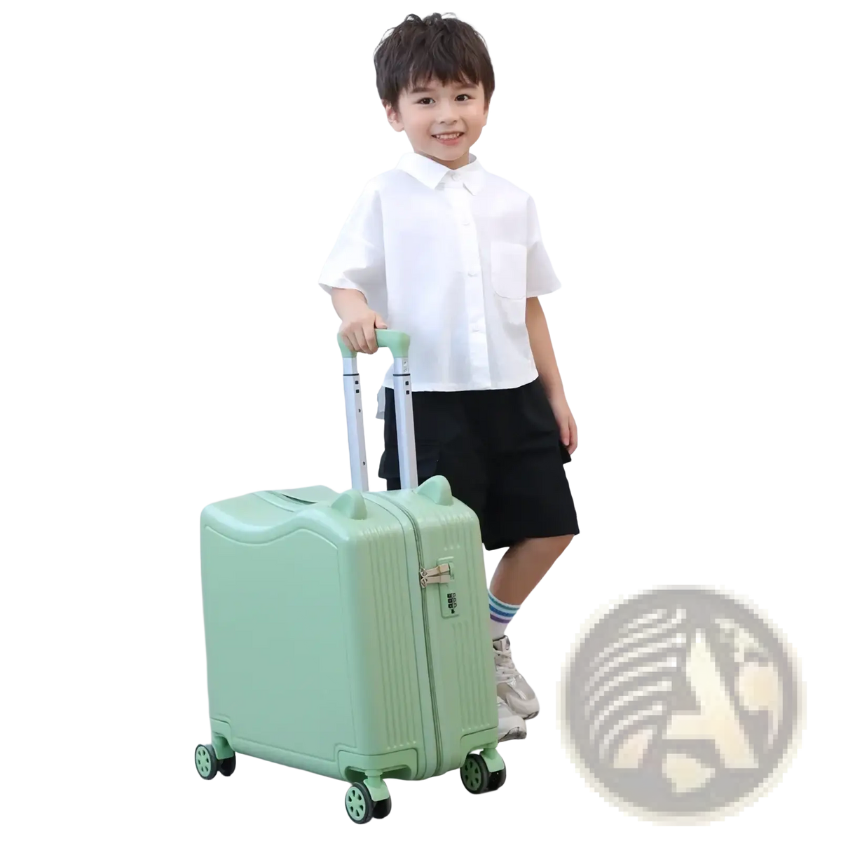 Mint green hard-shell kids ride-on spinner suitcase with four wheels and retractable handle for travel use