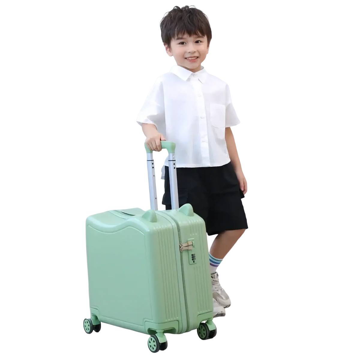 Mint green hard-shell kids ride-on spinner suitcase with four wheels and retractable handle for travel trolley use