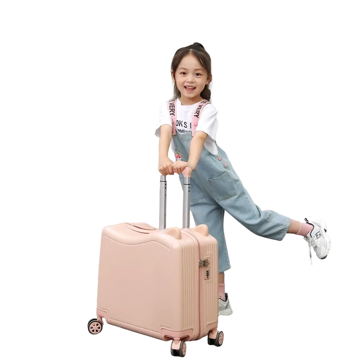 Pink hard-shell kids ride-on spinner suitcase with rounded corners and four spinner wheels for travel trolley use