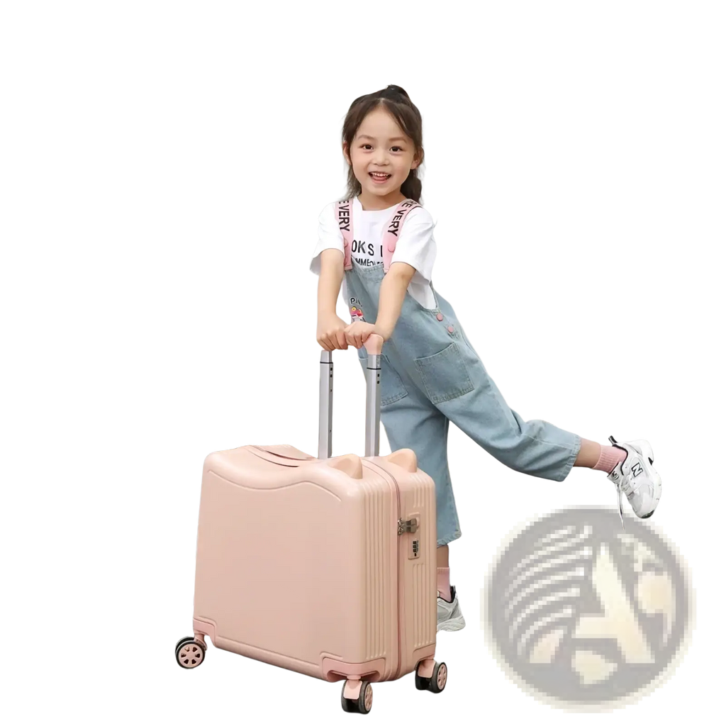 Pink hard-shell kids ride-on spinner suitcase with rounded corners and four spinner wheels for travel trolley use