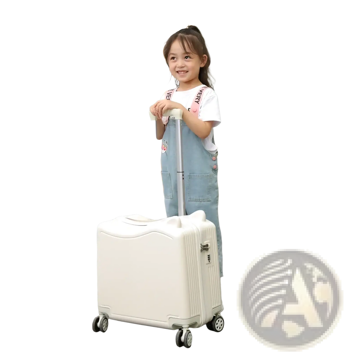 A sleek off-white hard-shell kids ride-on spinner suitcase with four spinner wheels for easy travel trolley use