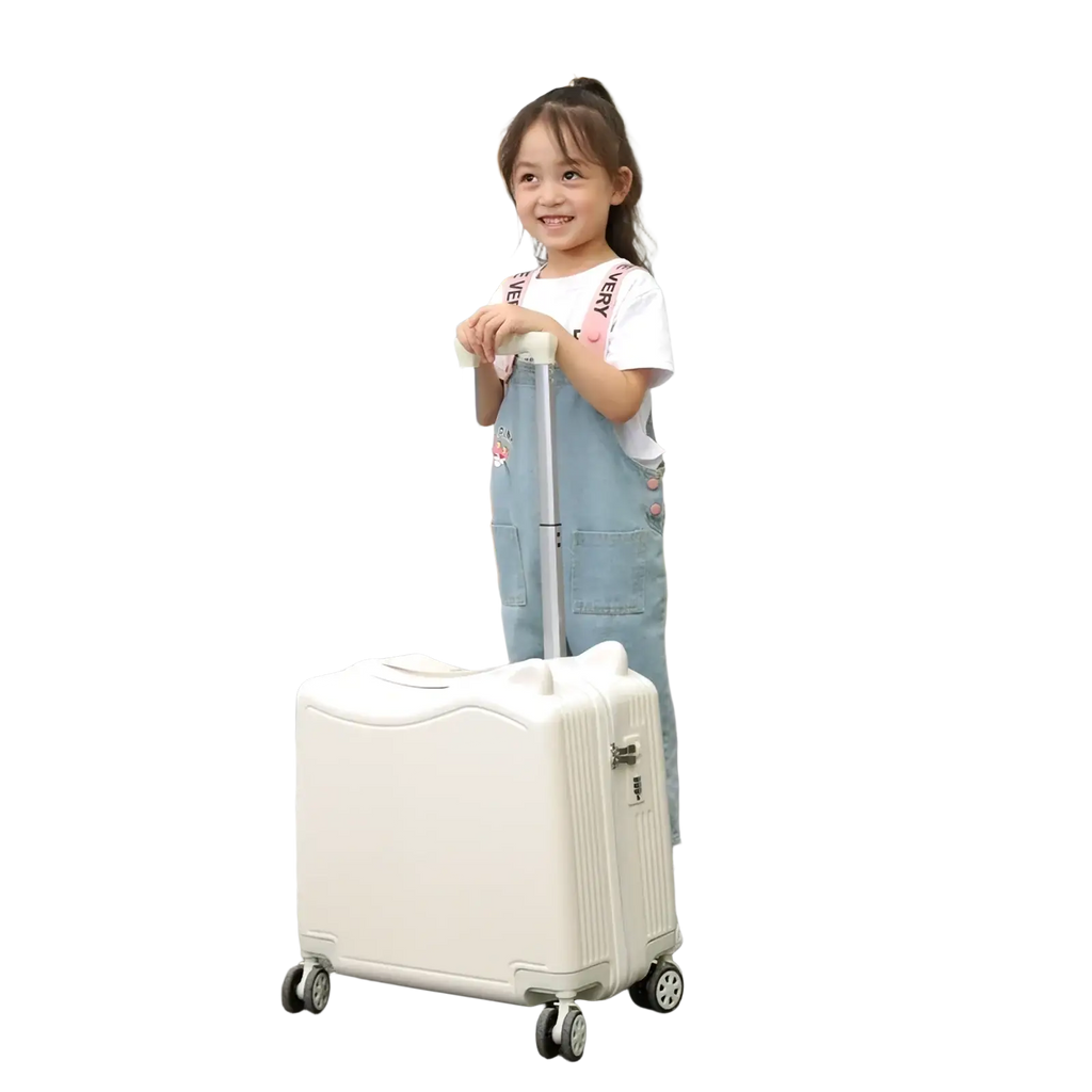 Kids ride-on spinner suitcase travel trolley bag in off-white hard-shell design with sleek modern look and four spinner wheels