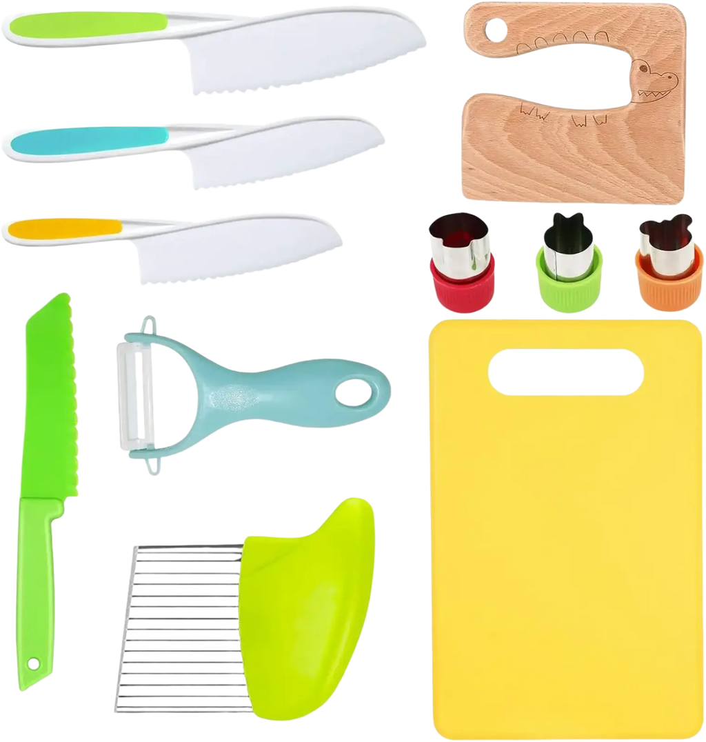 Kids safe Montessori kitchen tool set with colorful plastic knives peeler and animal-shaped cookie cutters for children