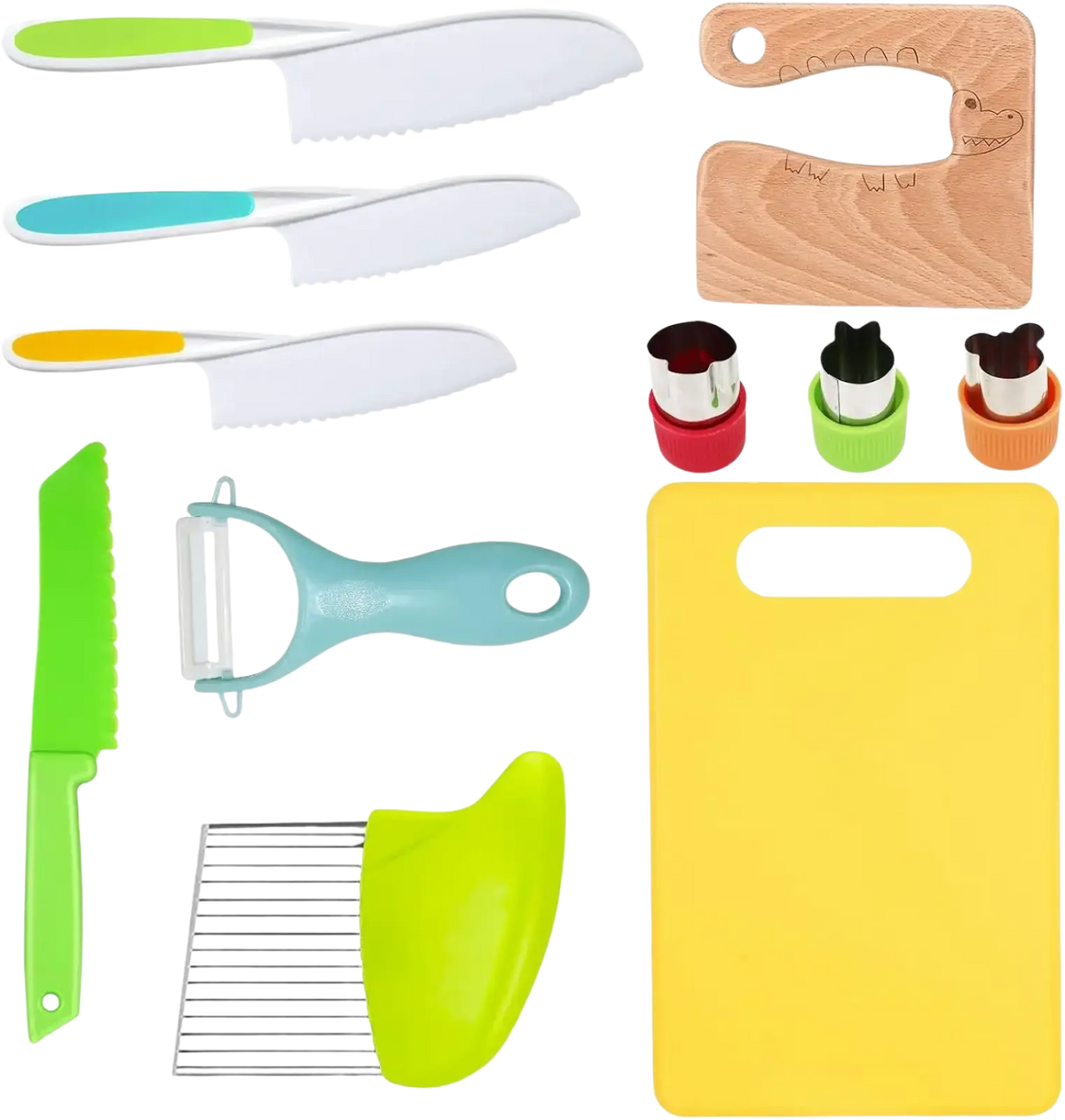 Kids safe Montessori kitchen tool set with colorful plastic knives peeler and animal-shaped cookie cutters for children